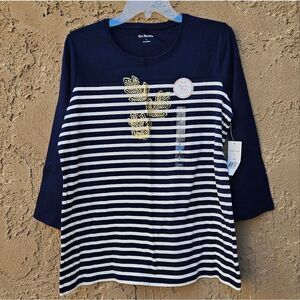 Kim Rogers Navy Blue and White Striped Christmas Leaves 3/4 Sleeve Shirt